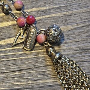 Chico's long Beaded Necklace, tassel, and charms "love" heart Orange Pink Gold